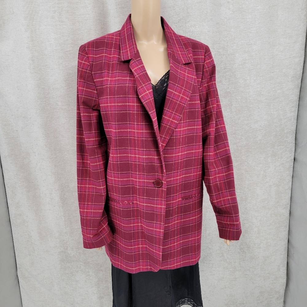 Women's Raspberry Plaid Single-Button Blazer Jacket - Picture 7 of 15